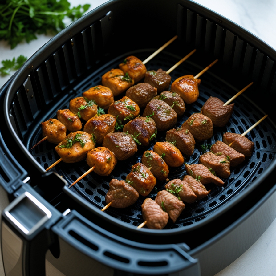 Brochettes de poulet ou bœuf marinées à l’air fryer