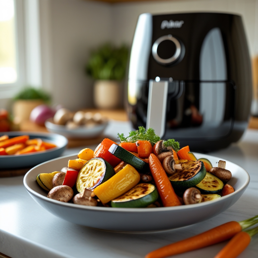 A realistic food photography scene. In the foreground: a colorful mix of roasted vegetables (zucchini, bell peppers, carrots, onions, mushrooms) served in a bowl, golden and slightly charred. Sharp focus on the vegetables. In the middle ground: a modern air fryer visible behind the bowl. In the background: a clean and bright kitchen countertop, softly blurred. Natural daylight from the side, warm and appetizing atmosphere, professional food photography, ultra high resolution, 4k, shallow depth of field.